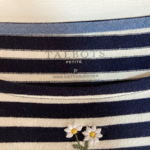 Talbots Women's Petite Blue Stripe Floral Knit Top Embroidered Cottagecore - Picture 6 of 9